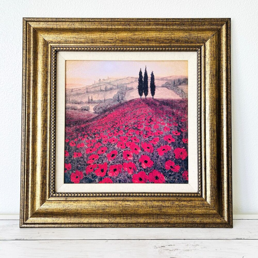 Poppy Fields by Steve Thoms Signed Vintage Gold Frame 20" x 20" Tuscan Landscape